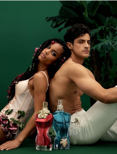 La Belle & Le Beau EDt, with male and female models on green background