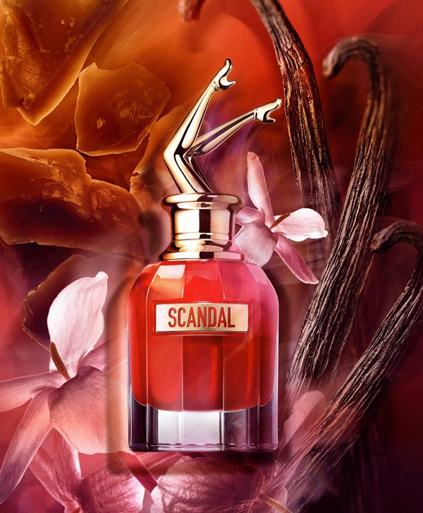 Scandal le Parfum bottle with red phone on grey background