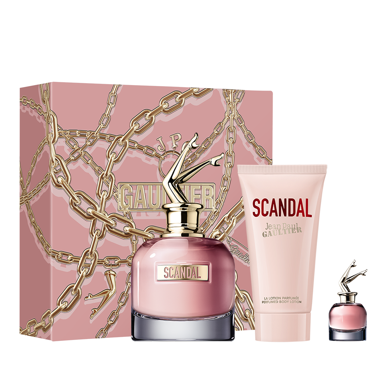 Scandal 80 ml, Body lotion 75 ml, and Miniature 6 ml