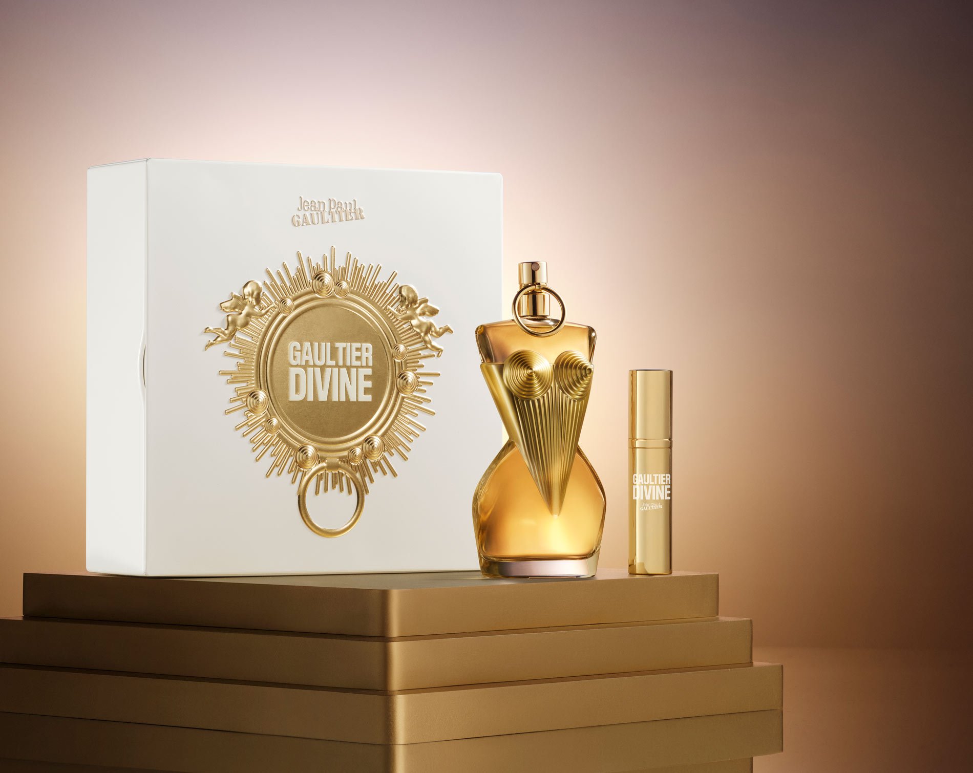 Gaultier Divine gift set still life with gold background