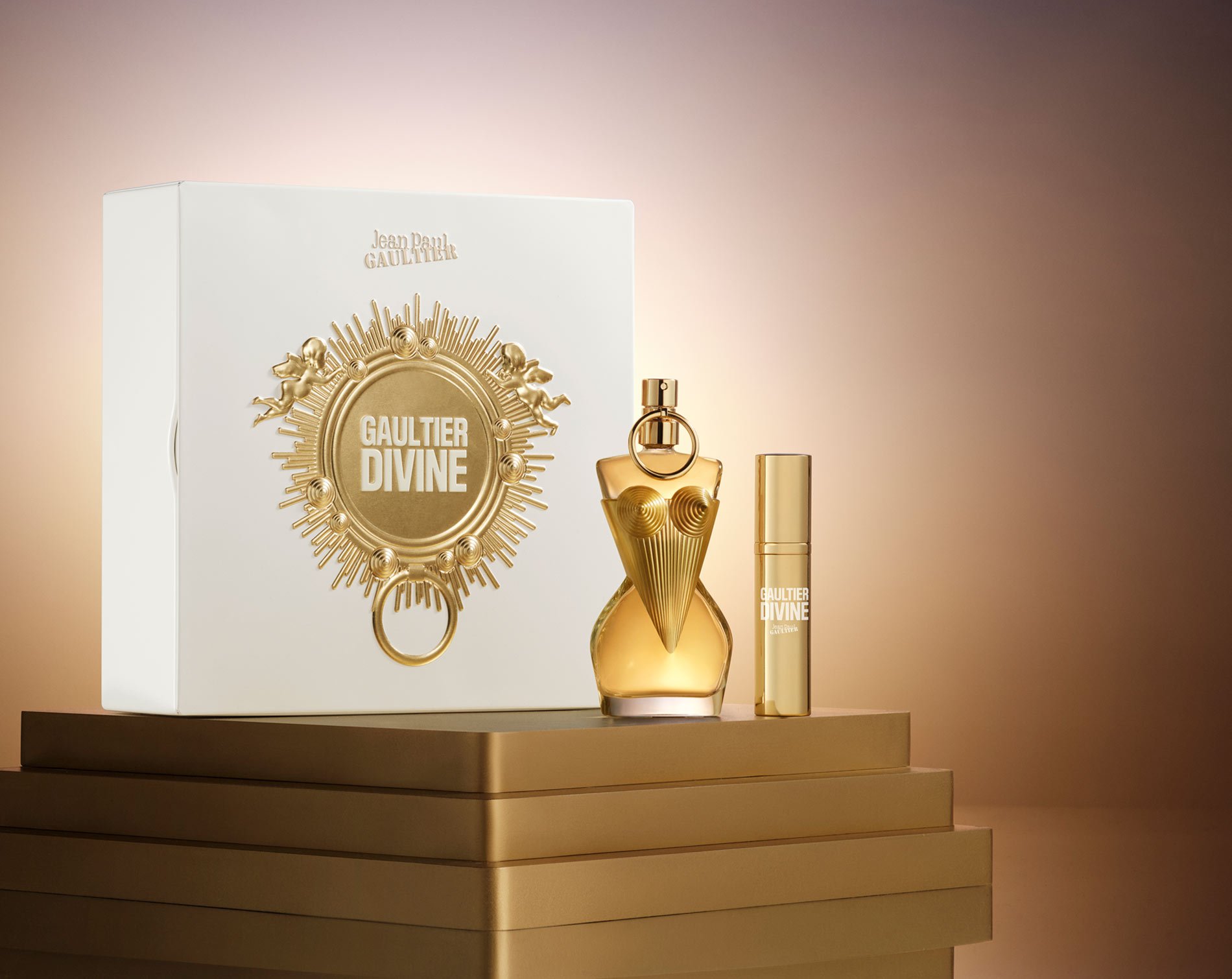 Gaultier Divine gift set still life with gold background