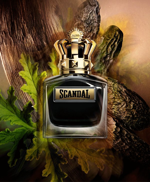 Ingredients visual of Scandal pour Homme Le Parfum Eau de Parfum Intense and its model